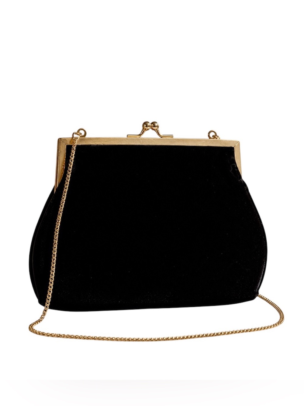 Vintage Black Velvet Kiss Lock Clutch Gold Chain Strap OS